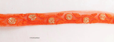 Wholesale Orange Net Lace Trim Floral Embroidery & Glitter Gold Sequins, Indian Wedding Border, Gifting Ribbon Costume Trim Fashion Trimming